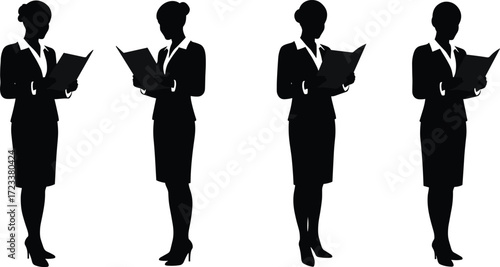 Businesswoman reading document silhouettes, office woman clipart, corporate female vector, professional woman graphic, secretary illustration, formal dress, business clip art