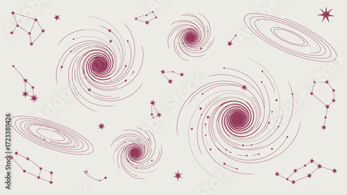 Illustration of galaxies constellations and stars in a space themed pattern with a cream background