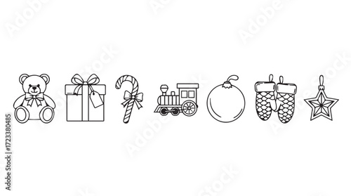 Collection of hand-drawn holiday icons featuring teddy bear gift candy cane menorah ornament and star silhouette