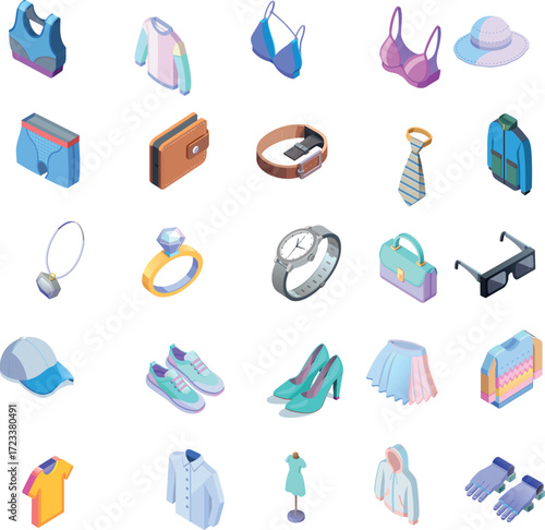 Isometric Fashion, Clothing, and Accessories Icons Set