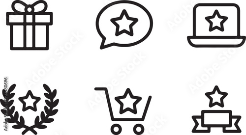 A modern vector icon set featuring line art symbols for rewards, ratings, and e-commerce business concepts