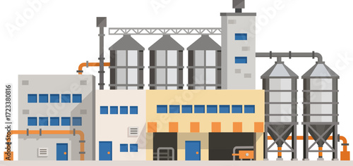 Detailed vector illustration of an industrial plant with storage silos and processing facilities