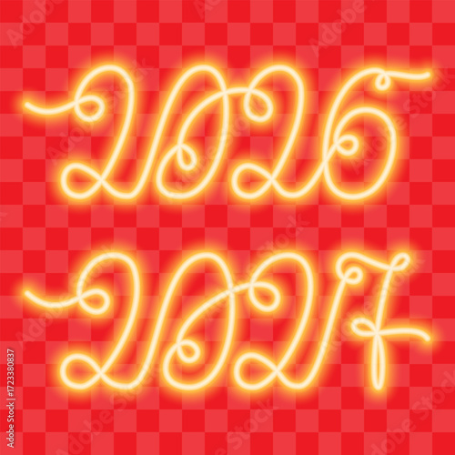 2026 2027 One Continuous Line Neon Glowing New Years Dates Chines New Year colors Gold on Red Fond