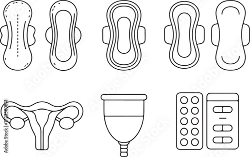 Line Art Illustration Menstrual Hygiene Products and Female Reproductive System
