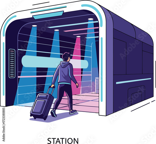 Futuristic station entrance with traveler and luggage vector