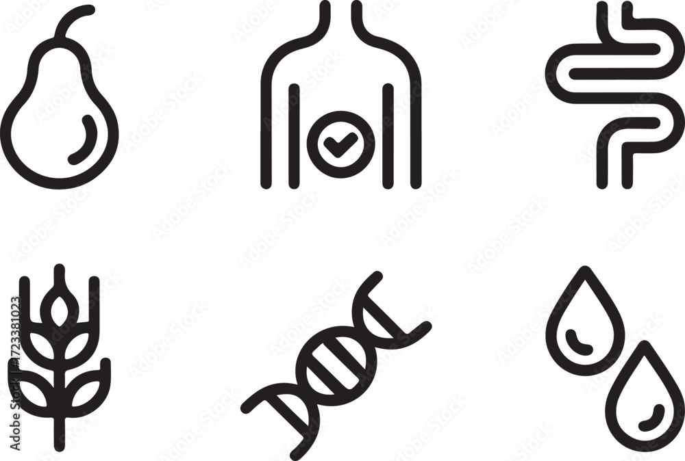 Obraz premium Minimalist line art illustration set with icons for health, food, digestion, genetics, and nutrition concepts