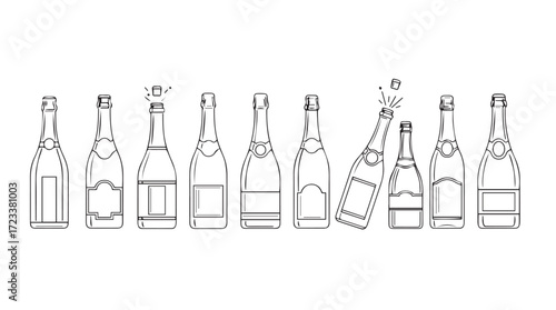 Collection of hand drawn champagne bottles celebratory toast festive drinks artistic design silhouette