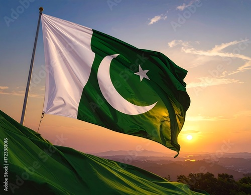Waving Pakistani flag at sunset over a hill