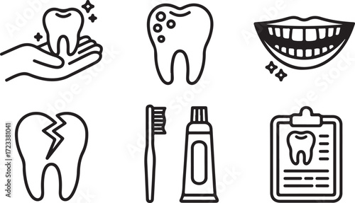 Dental care icons representing healthy teeth, dental hygiene, and oral health services