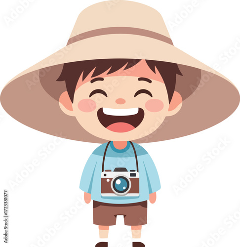 Joyful child explorer wearing wide brim hat and camera vector