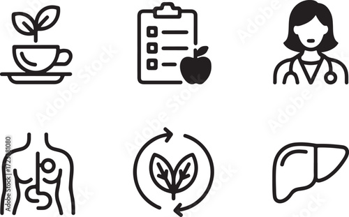 A clean set of minimalist line icons representing concepts of health, medicine, and nutrition, including symbols for a doctor, liver, and holistic wellness