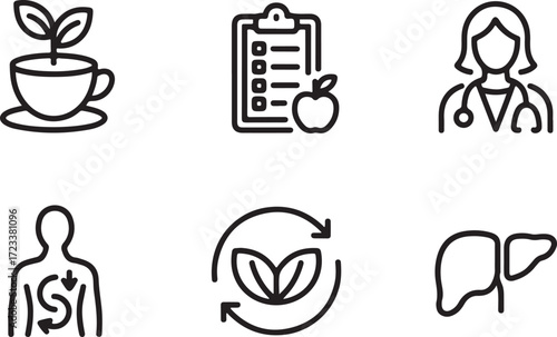 Minimalist icons representing healthy lifestyle, nutrition, and wellness concepts, perfect for digital health applications and medical resources