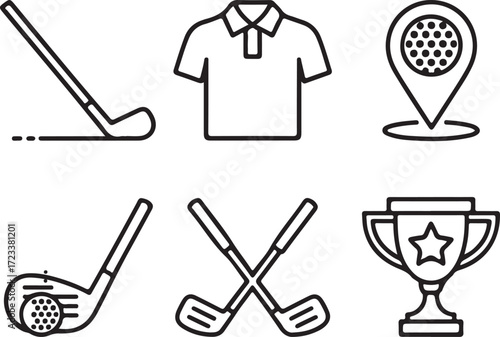 Elegant collection of precise single-line art golf icons, perfect for illustrating sports, leisure, and achievement themes in a minimalist vector design