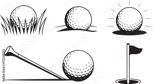 Golf Ball Icon Set Minimalist Line Art Illustrations