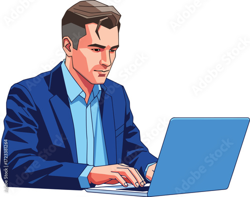 Man blue suit typing laptop shirt
