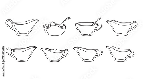 Collection of elegant gravy boats and saucepans in hand drawn sketch style silhouette