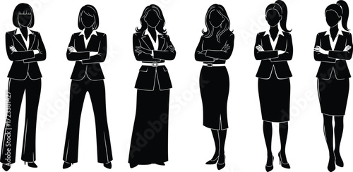 Businesswoman silhouettes, professional women, female leaders, office attire, executive clipart, HR graphics, corporate lady, manager icons, vector illustration set