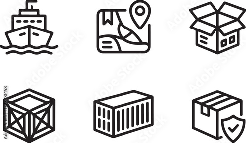 A collection of clean, minimalist vector outline icons illustrating global shipping, logistics, and delivery processes, ideal for modern web, app, and business designs