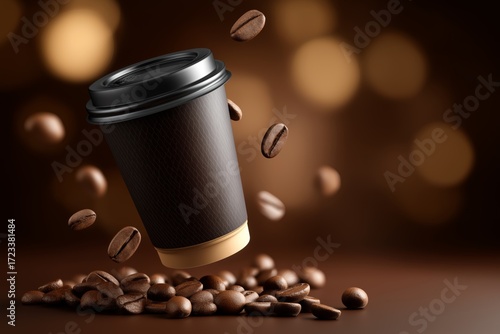High-end coffee cup to go, surrounded by scattered coffee beans, set against a rich brown background with soft bokeh lights creating an elegant atmosphere