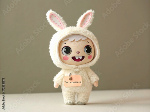 A cute Pop Mart The Monsters doll in a white fuzzy bunny suit with a toothy grin.