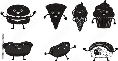 Cartoon food characters, cute burger, pizza slice, ice cream cone, cupcake, hot dog, sushi roll, kawaii food, vector illustration