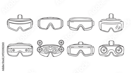 Collection of hand drawn goggles and vr headsets for futuristic and protective wear silhouette