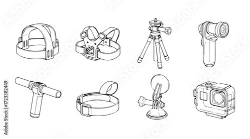Collection of photography and videography equipment sketches isolated for creative projects silhouette
