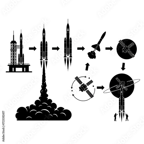 Rocket launch and satellite deployment sequence silhouette isolated on white background