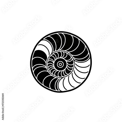 Nautilus shell spiral pattern silhouette isolated on white background