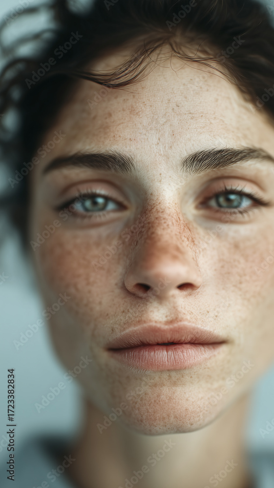 Obraz premium A vertical, detailed close-up portrait of a woman with dark, curly hair and expressive eyes. The image focuses on the lower half of her face, highlighting the natural texture of her skin and the scatt