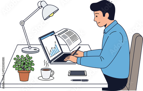 Man working on laptop with coffee and plant desk vector