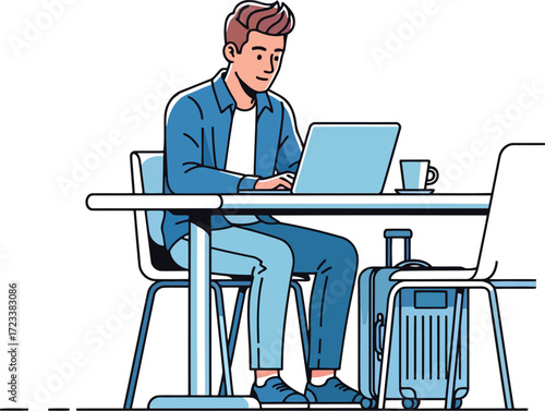 Man working on laptop with suitcase and coffee vector