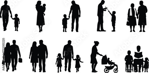 Family silhouette vector, parents with kids, grandparents walking, mother and child clipart, father with son design, couple illustration, stroller outline, reading