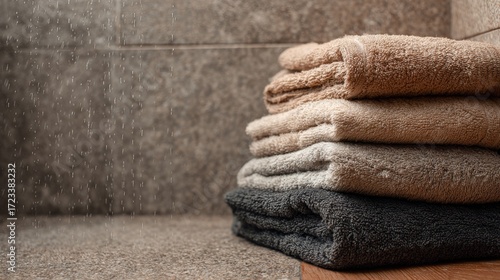 Stack of soft towels in luxurious spa setting with soothing waterfall