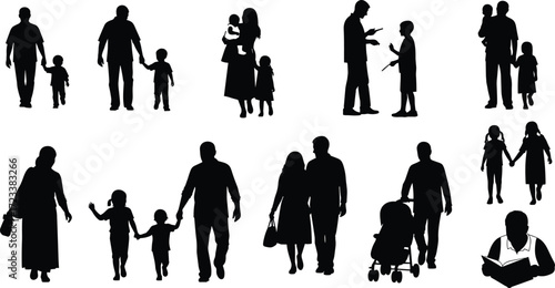 Family silhouettes, parent and child clipart, walking families, mother father kids, vector bundle, parenting icons, children silhouettes, family design set