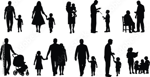 Family silhouettes, parents with children, mother and father clipart, parenting vector, stroller, grandparents, kids, childcare, family icons, illustration set