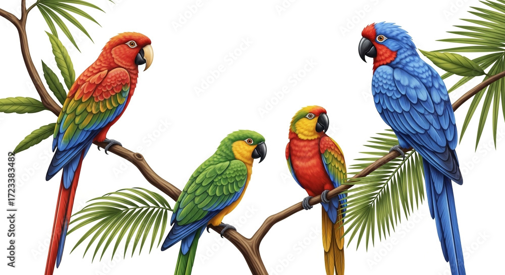 Obraz premium A vibrant gathering of colorful parrots perched on tropical branches, showcasing their plumage and creating a lively and exotic scene, isolated on white background