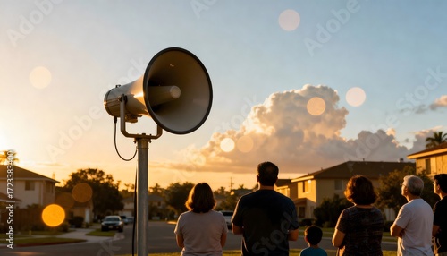 Neighborhood families standing under a large outdoor siren loudspeaker at dawn, symbolizing community safety, early warning systems, and preparedness against natural disasters or emergency alerts.