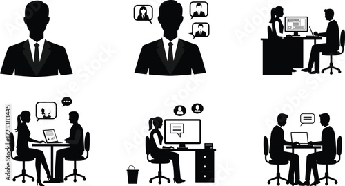 HR interview icons, recruitment, hiring process, job interview clipart, human resources, business meeting, office discussion, resume review, teamwork, vector