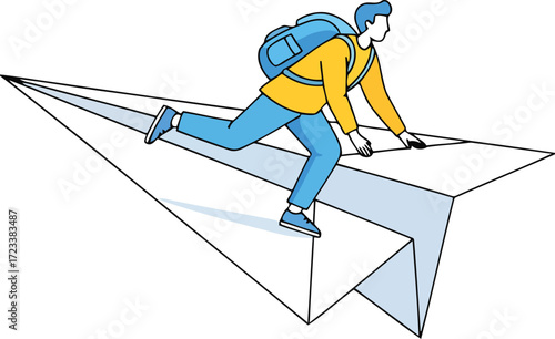 Person riding a large paper airplane with a backpack vector