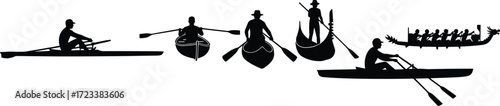 Rowing boat clipart, kayak canoe silhouette, gondola dragon boat vector, water sports clip art, outdoor adventure paddling design, travel art