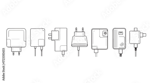 Collection of electrical adapters and power supplies detailed line art isolated on white silhouette