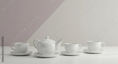 Elegant White Teapot and Cups Set on Minimalist Background