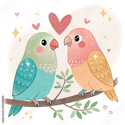 two lovebirds on a branch