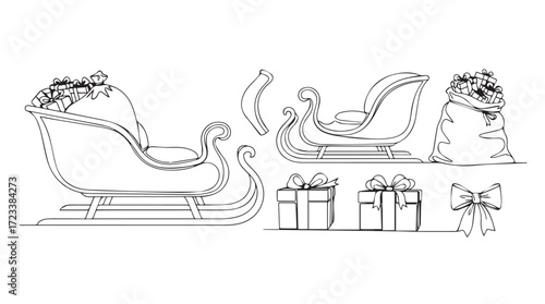 Vintage style sketch of christmas sleigh and gift boxes detailed drawing holiday celebration silhouette
