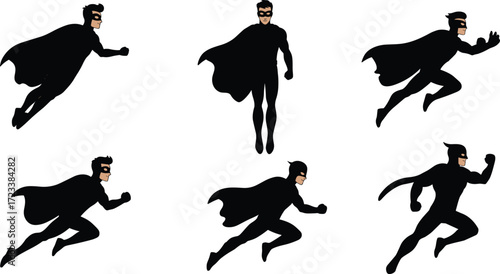 Superhero silhouette set, hero flying vector, comic character clipart, masked man illustration, action pose design, superhero runner graphic, hero art