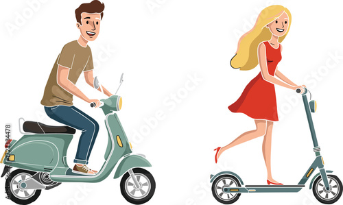 Cartoon characters riding scooters, urban transport, electric kick scooter, motor scooter, lifestyle illustration, mobility concept, modern commuting, city travel, fun