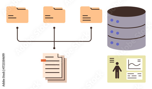 Folder network, database stack, documents, and data dashboard. Ideal for database design, data analysis, file storage, digital transformation, workflow optimization office systems technology