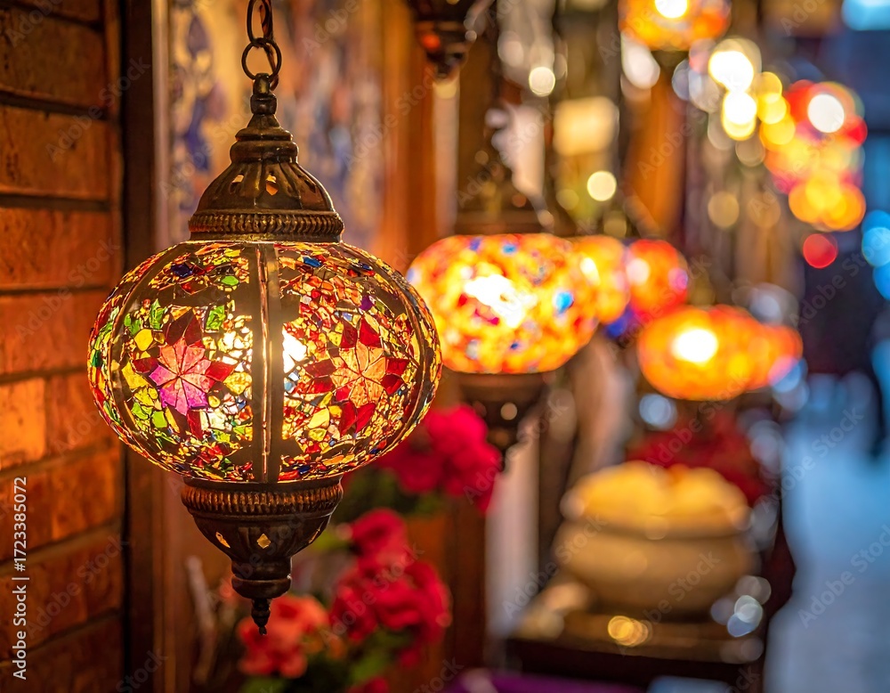 Naklejka premium Colorful lanterns hanging in a row