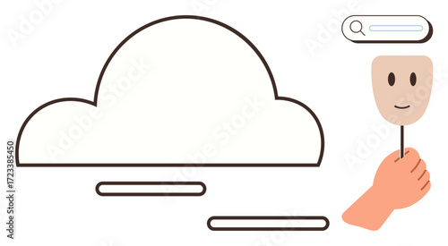 Hand holding a smiling mask near a simple cloud shape and search bar element. Ideal for themes thumbs up identity, privacy, technology, cloud storage, search, data, creativity. Clean simple flat